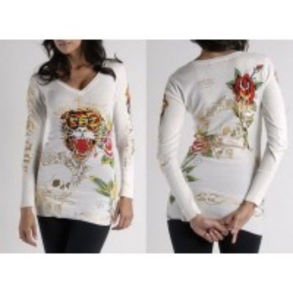 Pre-Owned Vintage Ed Hardy Tunic Sweater Y2K  SizeM White/Cream 100% Cotton - Picture 2 of 12